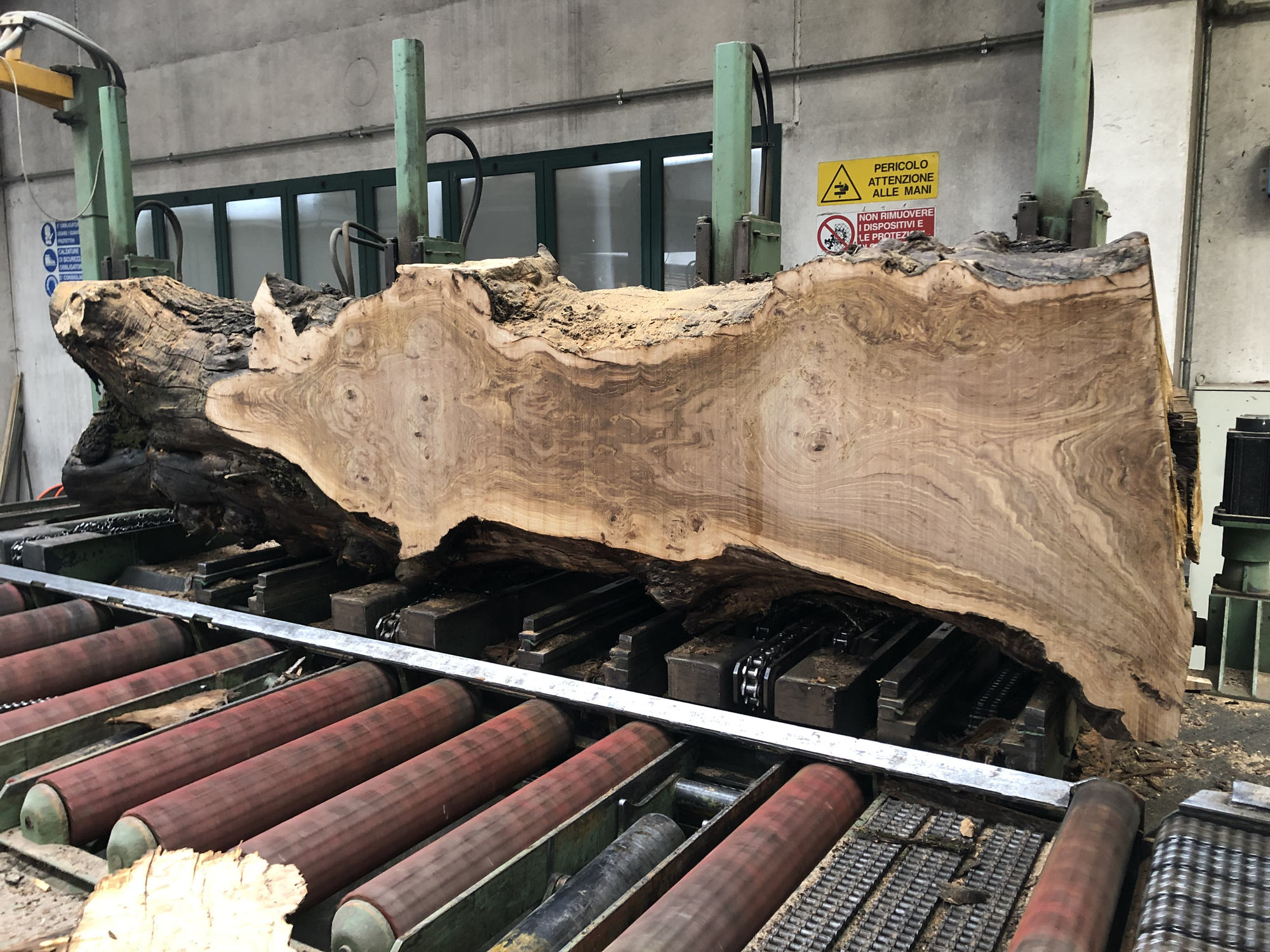Un tavolone in lavorazione sulla segheria Corredig